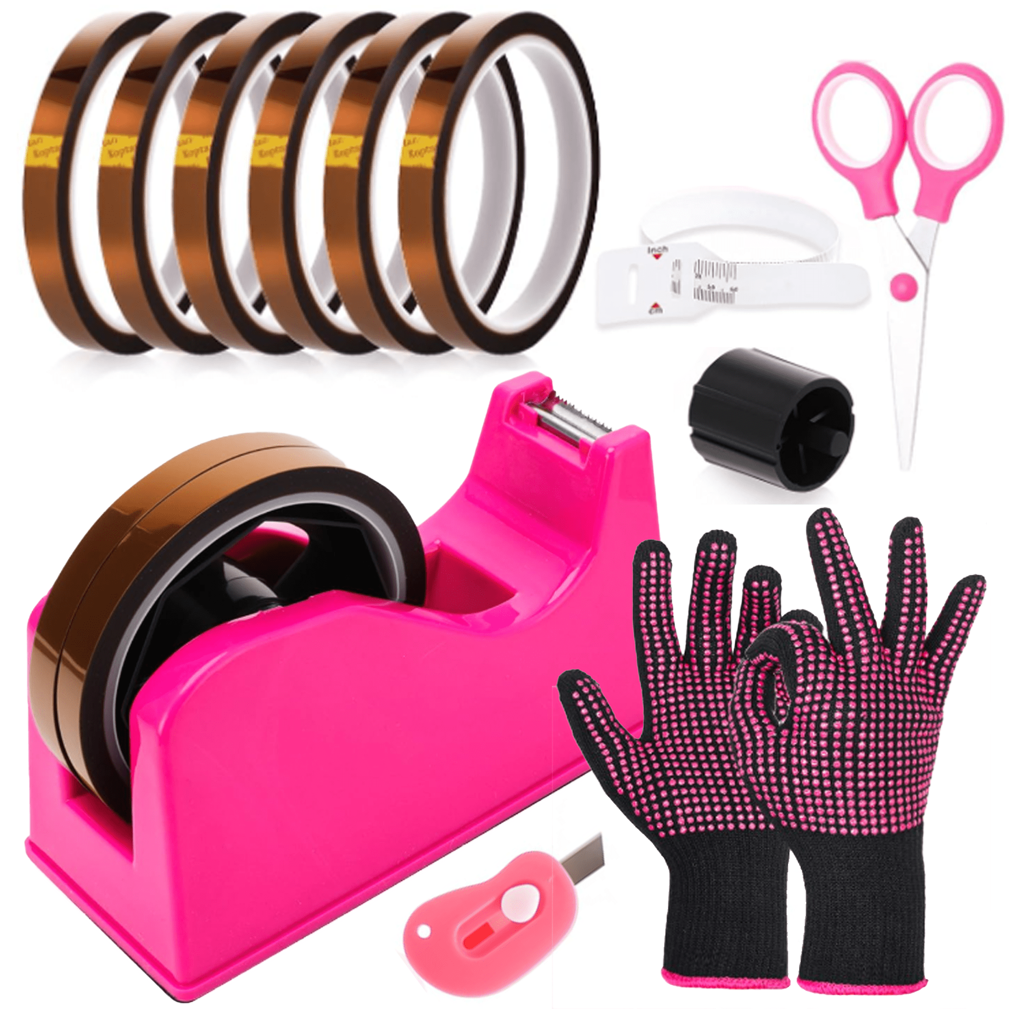 12 Pack Sublimation Heat Tape Dispenser Set with Resistant Gloves, Silicone Bumps, Mini Cutter Set, Weighted Desktop Dispenser for Heat Transfer