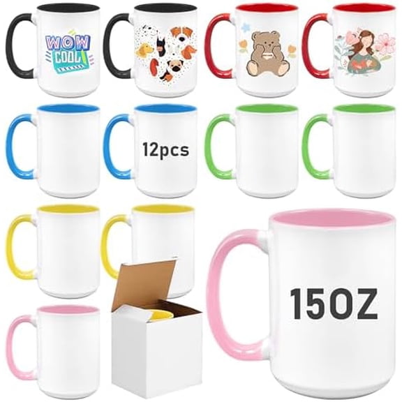 12 Pack Sublimation Mugs Blank,15oz Tazas Para Sublimacion,DIY Coated Ceramic Coffee Mug for Milk Tea Latte Hot Cocoa,Porcelain Sublimacion Cups with Box,Assorted Colors$$Home Decor, Kitchen, & Other