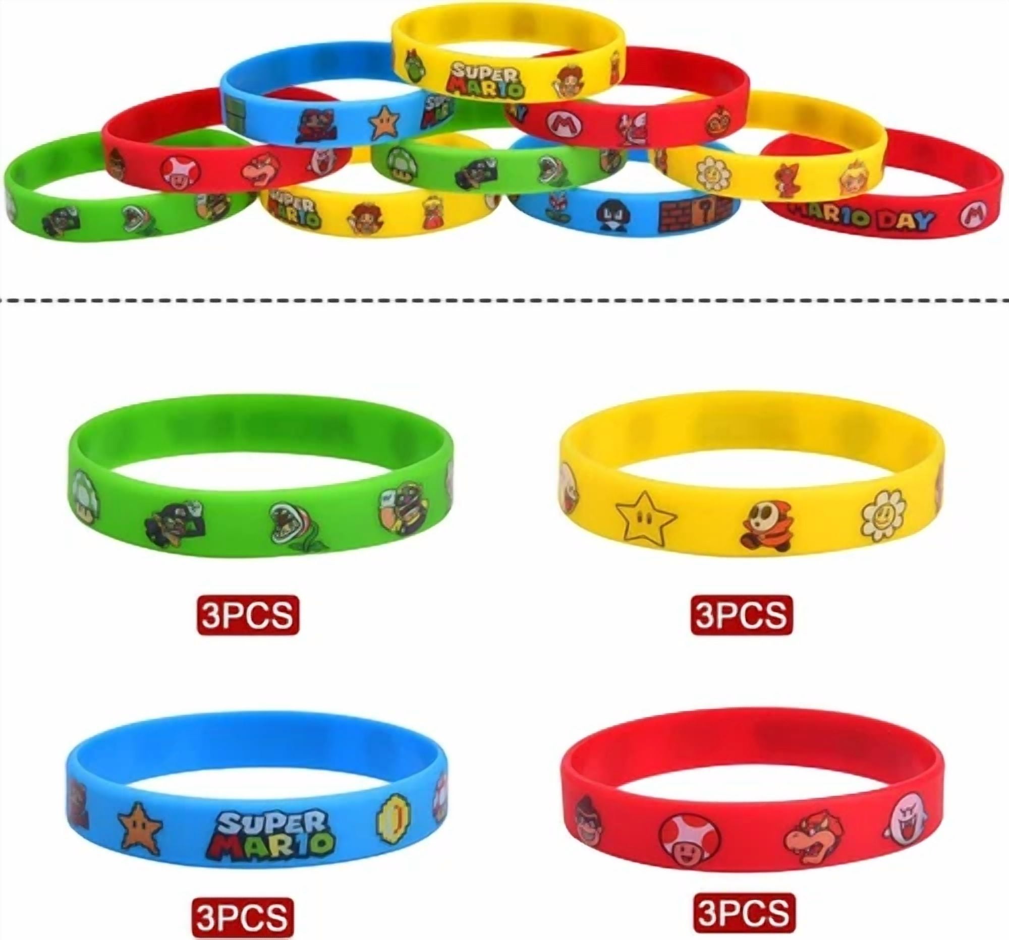12 Pack Super Bros Mario Party Favor Rubber Bracelet Kit Silicone Bracelet Kids