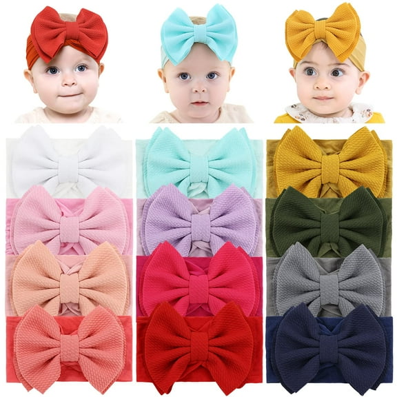 12 Pack Super Stretchy Nylon Headbands with Big Bow Hair Accessories Wide Headwraps for Baby Girls Infants Toddlers Kids