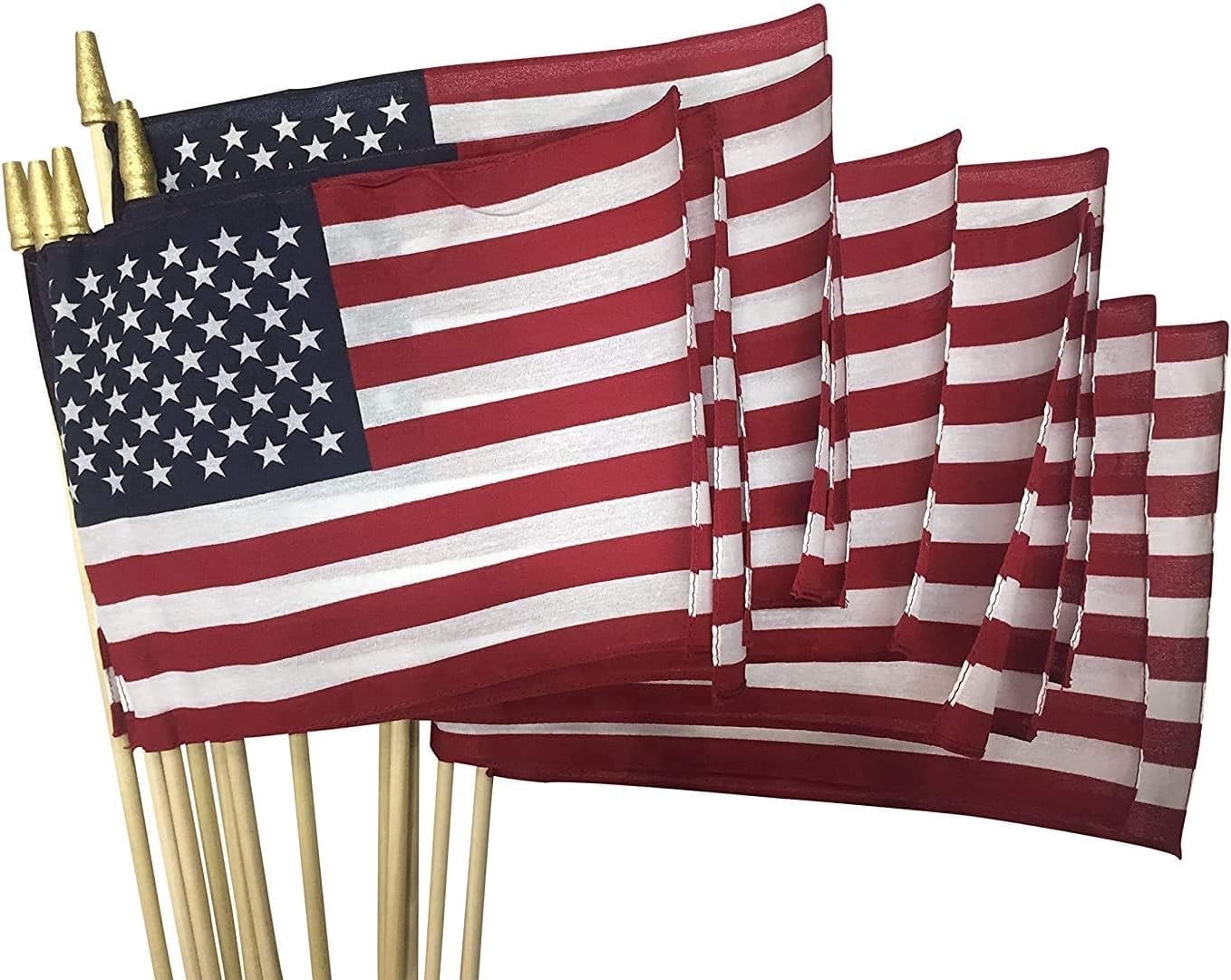 12-Pack, Super Tough US Stick Flag 12"x18" 30" x 3/8" No Fray -US Made