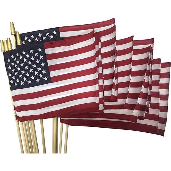 12-Pack, Super Tough US Stick Flag 12"x18" 30" x 3/8" No Fray -US Made