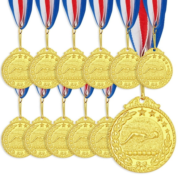 Juvale Gold Swim Medals for Kids - 2-in Zinc Alloy, 15-in Red White & Blue Ribbon, 12 Pack