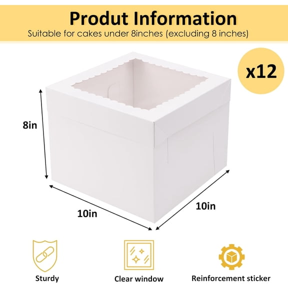 12-Pack Tall Cake Boxes 10x10x8, White Bakery Boxes with Clear Window & Lids – Value Deal, Perfect for Cakes, Donuts, Pies, Cookies, Weddings & Birthdays