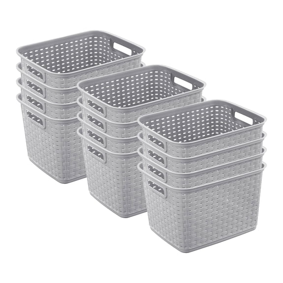 12-Pack Tall Weave Basket, Wicker-Style Plastic Open Storage Bin, Cement Gray - Multi-Purpose Decorative Organizer for Laundry Area, Shelves, Closets, Pantries, Living Rooms or Offices