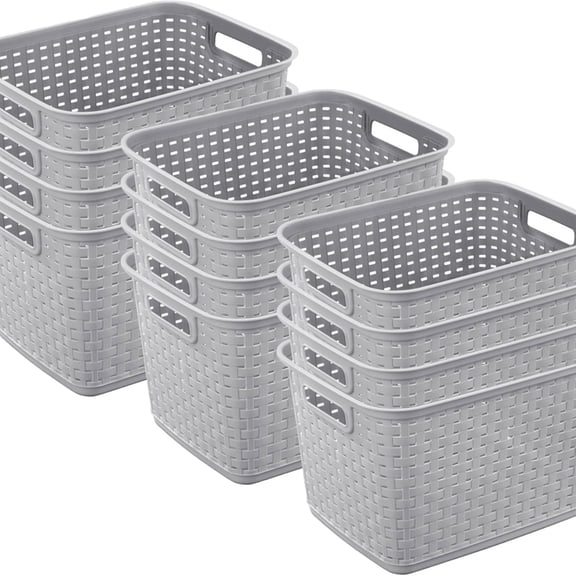 12-Pack Tall Weave Basket, Wicker-Style Plastic Open Storage Bin, Cement Gray - Multi-Purpose Decorative Organizer for Laundry Area, Shelves, Closets, Pantries, Living Rooms or Offices