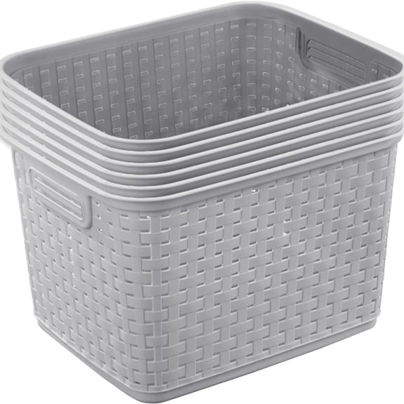 12-Pack Tall Weave Basket, Wicker-Style Plastic Open Storage Bin, Cement Gray - Multi-Purpose Decorative Organizer for Laundry Area, Shelves, Closets, Pantries, Living Rooms or Offices