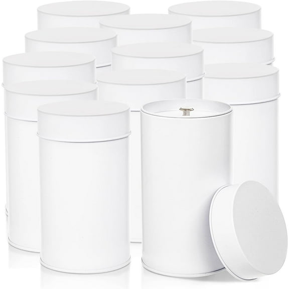 12 Pack Tea Tin Canister with Airtight Double Lids, 17 Fluid oz Tea Storage Organizer Tin Can Small Round Kitchen Canisters for Loose Tea, Coffee, Candy, Herbs and Spices - White