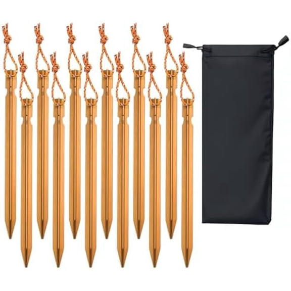 12 Pack Tent Stakes, 7-inch Ultralight Aluminum Ground Pegs with Reflective Pull Ropes, Tri-Beam Stake in a Carrying Bag, for Camping, Backpacking, Hiking, Hammocks and Canopy (Orange)