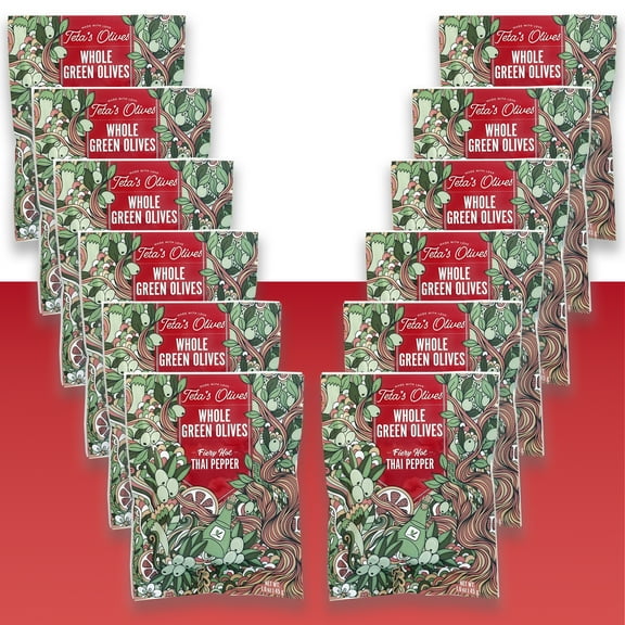 Teta's Double Marinated Green Olives Snacks, Spicy Olive Thai Pepper 12-Pack 1.6oz