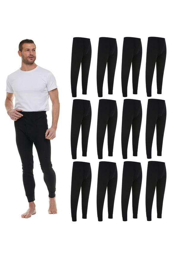 12 Pack Thermal Pants for Men, Long Johns Mens Underwear Bulk Wholesale, Cotton, Solid Colors, Shelter Donations (Black)