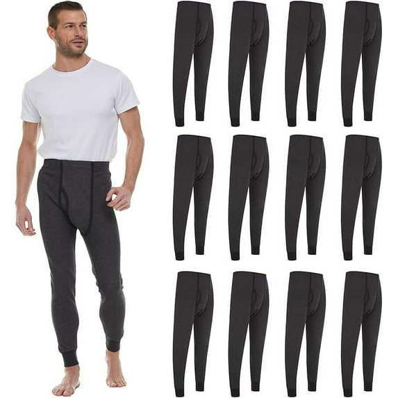 12 Pack Thermal Pants for Men, Long Johns Mens Underwear Bulk Wholesale, Cotton, Solid Colors, Shelter Donations (Gray)