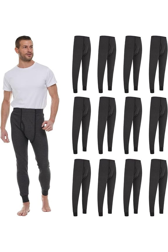 12 Pack Thermal Pants for Men, Long Johns Mens Underwear Bulk Wholesale, Cotton, Solid Colors, Shelter Donations (Gray)
