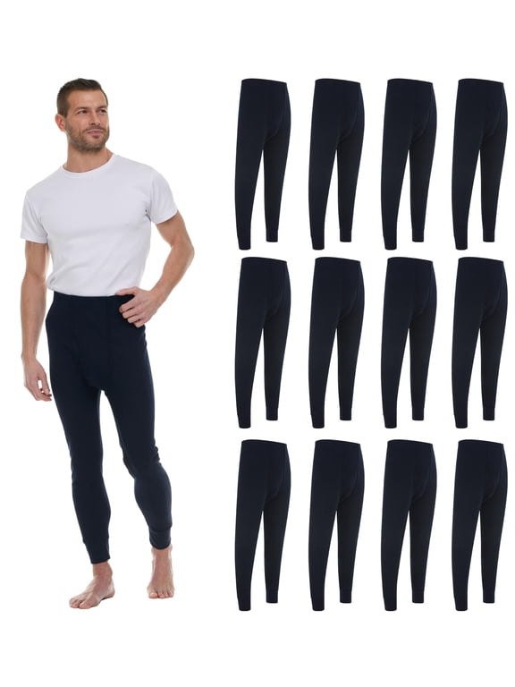 12 Pack Thermal Pants for Men, Long Johns Mens Underwear Bulk Wholesale, Cotton, Solid Colors, Shelter Donations (Navy Blue)