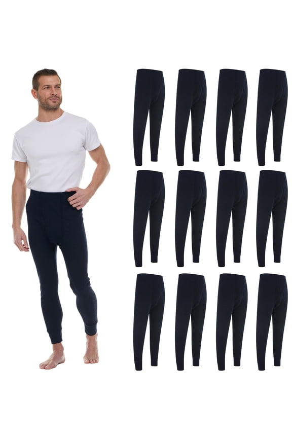 12 Pack Thermal Pants for Men, Long Johns Mens Underwear Bulk Wholesale, Cotton, Solid Colors, Shelter Donations (Navy Blue)