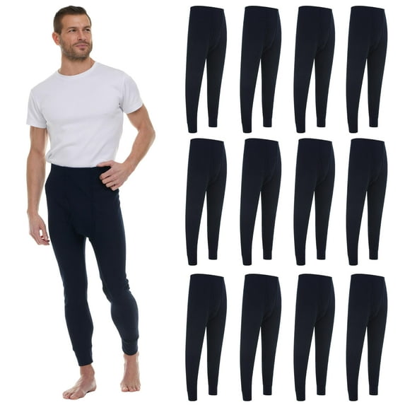 12 Pack Thermal Pants for Men, Long Johns Mens Underwear Bulk Wholesale, Cotton, Solid Colors, Shelter Donations (Navy Blue)