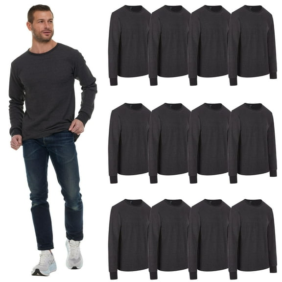 SOCKS'NBULK 12 Pack Thermal Shirts for Men, Base Layer Tops Bulk Wholesale, Cotton, Solid Colors, Shelter Donations (Gray)