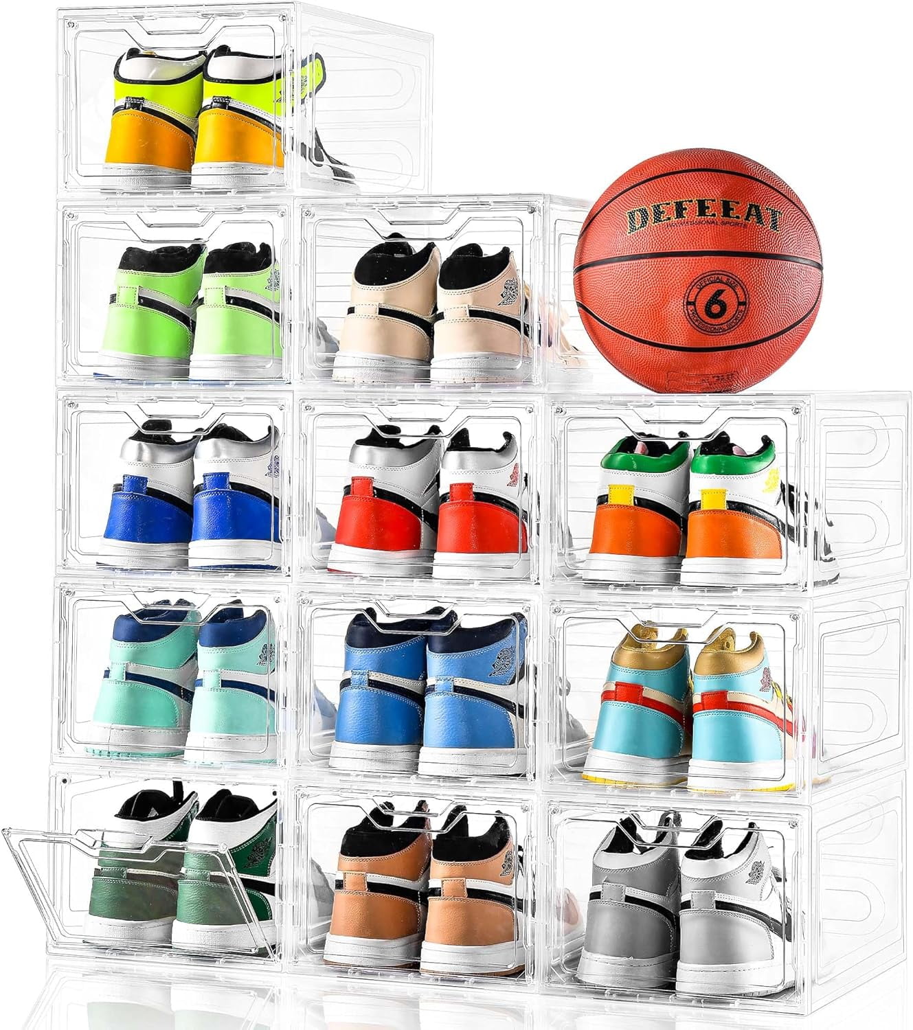 12 Pack Clear Stackable Plastic Shoe Storage Boxes with Magnetic Doors