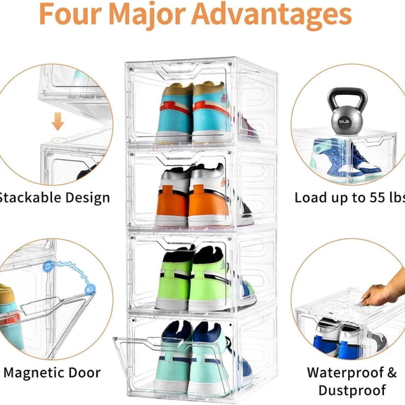 12 Pack Thicken & Sturdy Clear Shoe Storage Organizer with Magnetic Door, Shoe Boxes Clear Plastic Stackable for Closet, Shoe Rack for Sneaker Boot Container