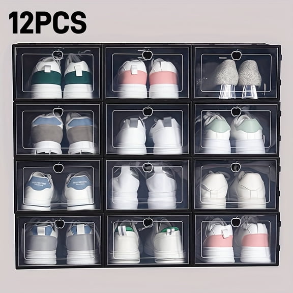 12-Pack Thickened Plastic Shoe Boxes - Clear Foldable Storage with Lids, Dustproof & Moistureproof - Space-Saving for Closet, Underbed, Dorm, Shop (Transparent Stackable Shoe Organizer)