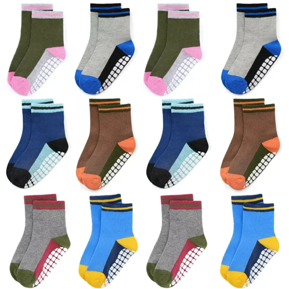 12 Pack Toddler Socks Non-Slip Grip Cotton Baby Socks for Boys Girls Infants 6-12 Months 1-7 Years Kids