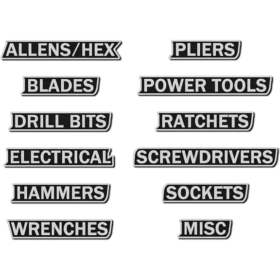 12 Pack of  Toolbox Labels, -Printed Tool Box Labels, General Tool Box Organize Accessories,  Tags for Steel Toolboxes, Carts, Drawers, and Cabinets (Black)