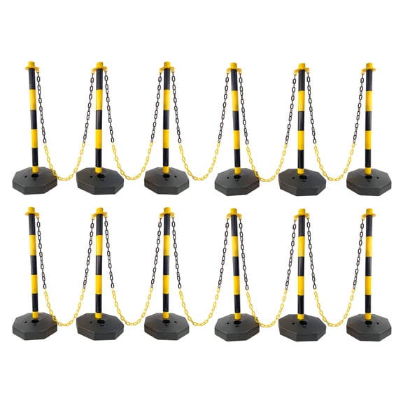 12 Pack Traffic Delineator Post Cones with Fillable Base, Adjustable Plastic Safety Barrier with 5Ft Plastic Chain, Outdoor and Indoor Crowd Control Stanchion for Traffic Control and warning Y/B