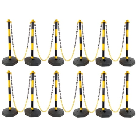 12 Pack Traffic Delineator Post Cones with Fillable Base, Adjustable Plastic Safety Barrier with 5Ft Plastic Chain, Outdoor and Indoor Crowd Control Stanchion for Traffic Control and warning Y/B
