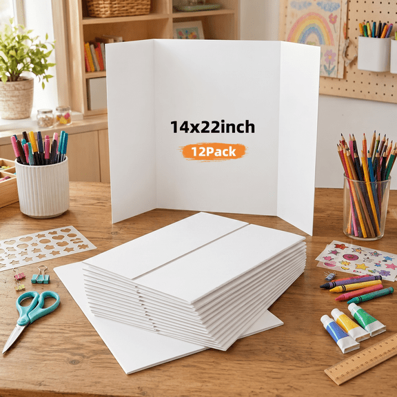 LAVFOX 12 Pack 14x22 Inch White Trifold Poster Board, Portable Presentation Display Board for Science Fair