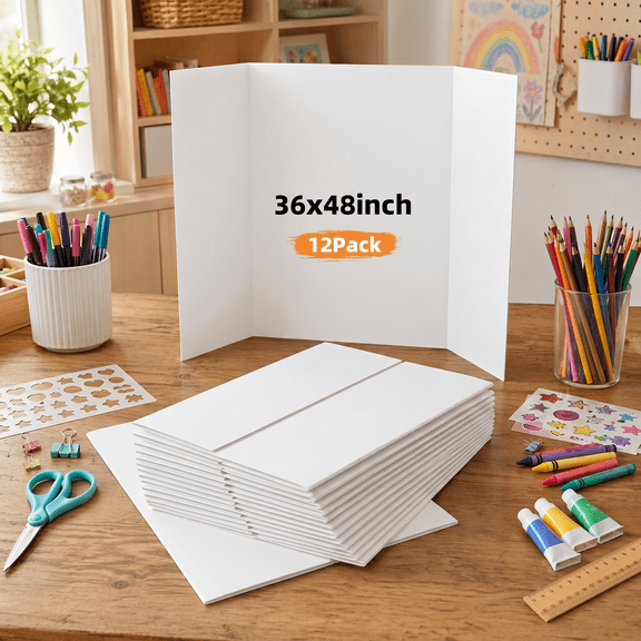 12 Pack Trifold Poster Board, 36 x 48 Inches White Presentation Display Board, Portable Cardboard for Science Fair, Large School Projects, and Business Exhibitions