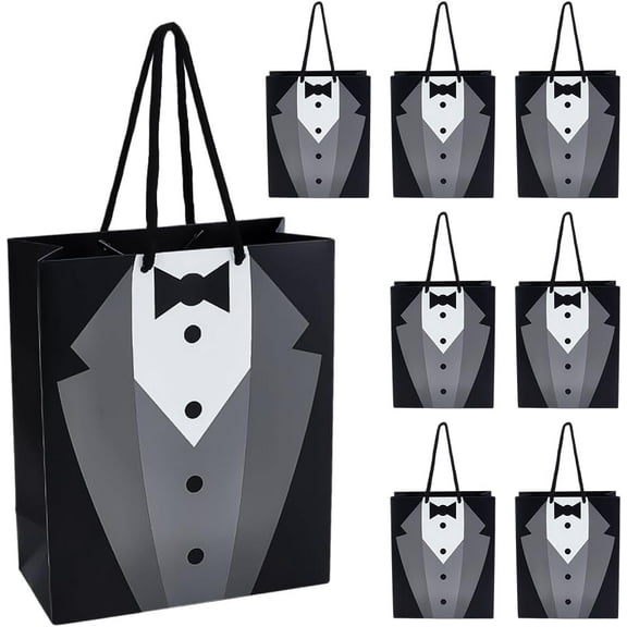12 Pack Tuxedo Gift Bags 9.1x7.4x3.5inch Black White Paper Gift Bags with Handle for Groomsman Bachelor Party Favors Wedding Black