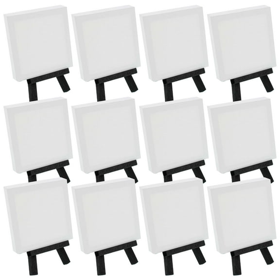 12 Pack U.S. Art Supply 3" x 3" Stretched Canvas with 5" Mini Black Wood Display Easel Kit, Artist Tripod Holder Stand
