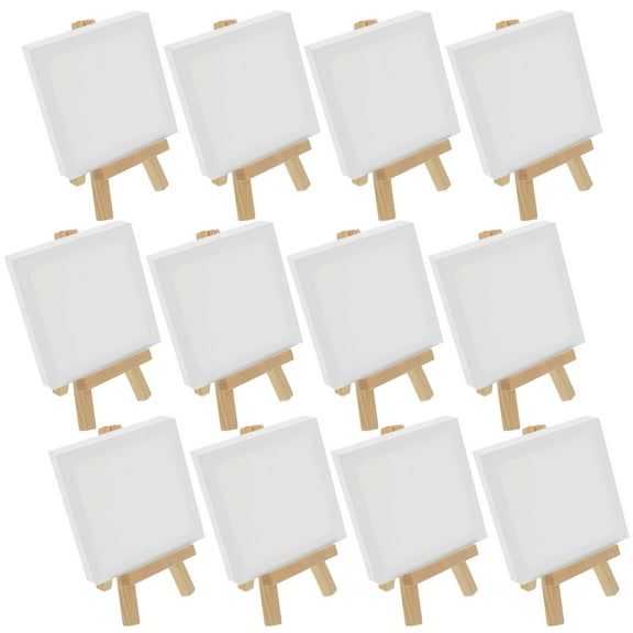 12 Pack U.S. Art Supply 3" x 3" Stretched Canvas with 5" Mini Natural Wood Display Easel Kit, Artist Tripod Holder Stand