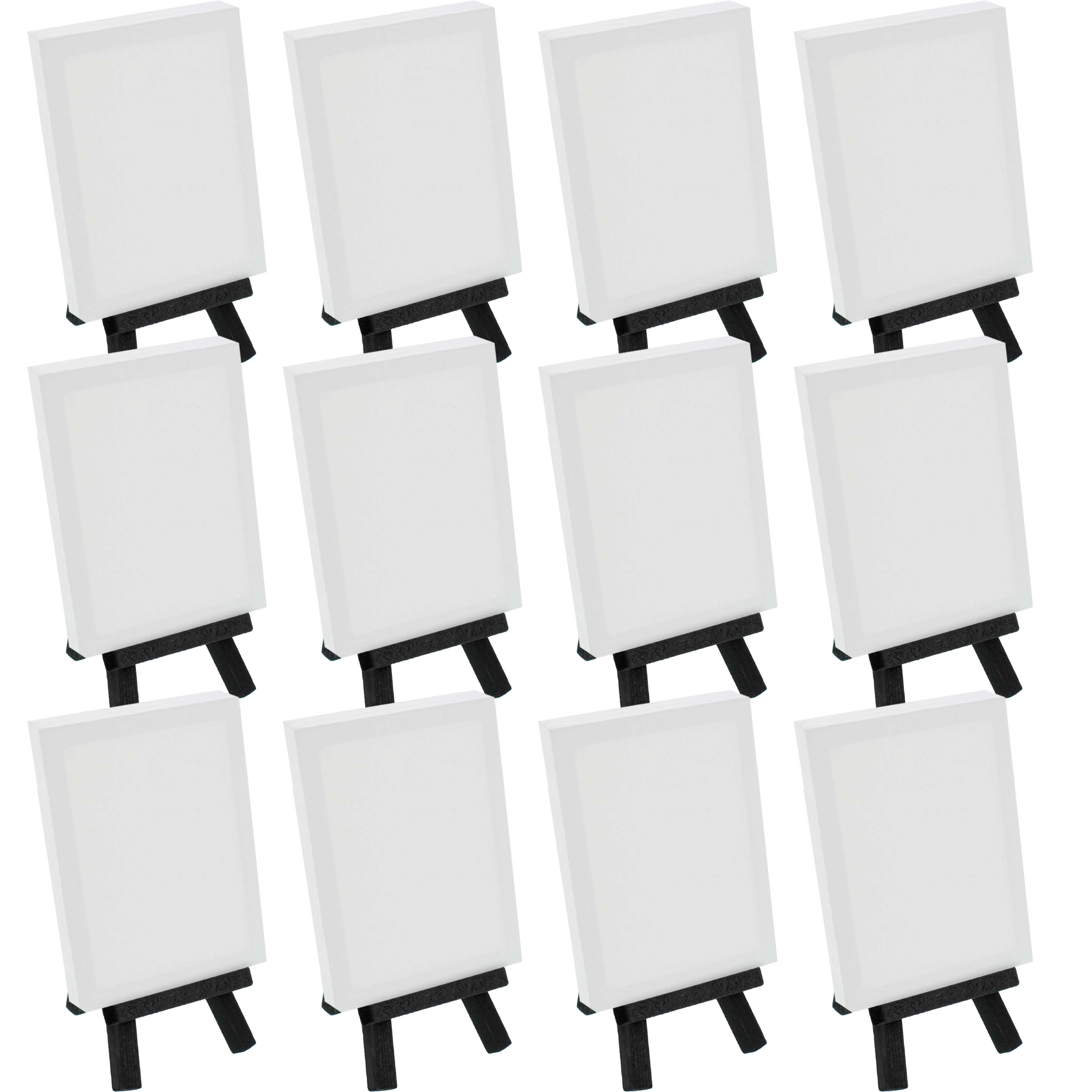 12 Pack U.S. Art Supply 3" x 4" Stretched Canvas with 5" Mini Black Wood Display Easel Kit, Artist Tripod Holder Stand