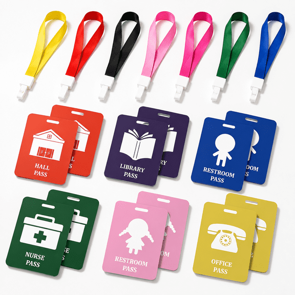 12 Pack Unbreakable Plastic School Hall Passes Set with Lanyards