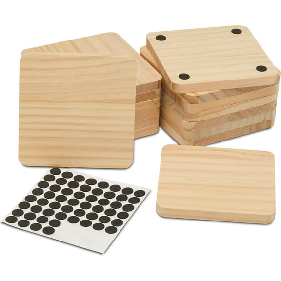12-Pack - Unfinished Wood Coasters, DIY Blank Wood Craft Squares, Wood Coasters with Non-Slip Foam Dots 4x4x0.35