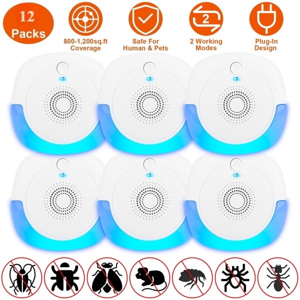 12 Pack Upgraded Ultrasonic Pest Repeller, Plug-in Insect Rodent Repellent with Dual Working Modes, 800-1200 Sq.ft Coverage, Safe for Human & Pets, for Mouse Roach Spider Mosquito Ant