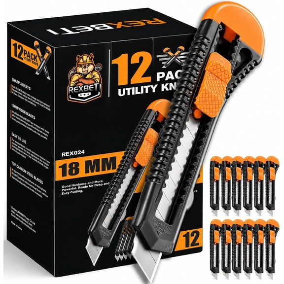 12-Pack Utility Knife, Retractable Box Cutter for Cartons, Cardboard and Boxes, 18mm Wider Razor Sharp Blade, Smooth Mechanism, Perfect for Office and Home use