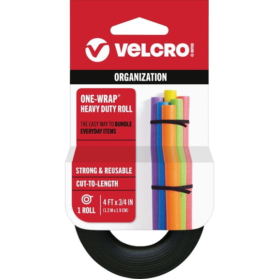 VELCRO Brand ONE-WRAP Black Roll, 4ft., 12 Pack