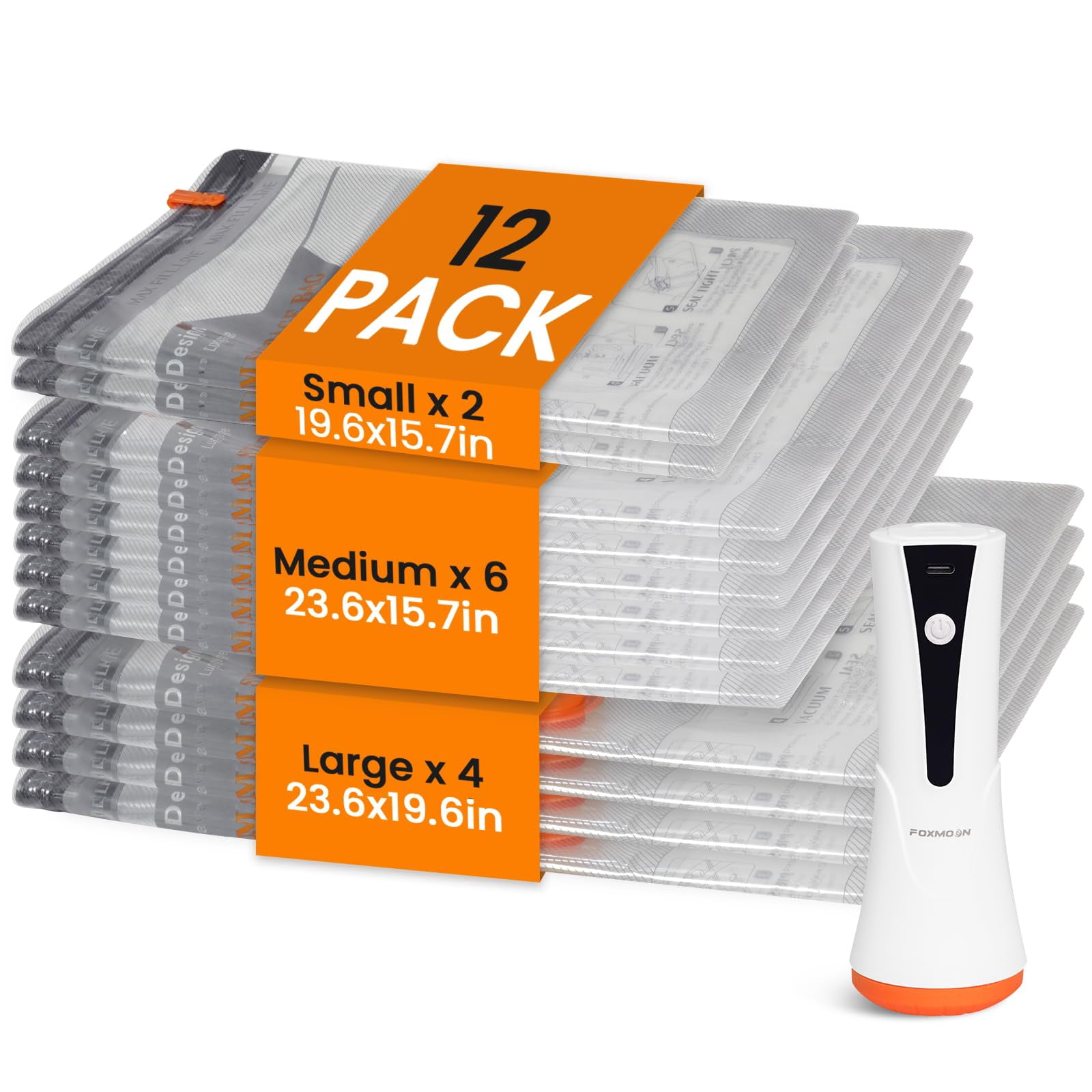12-Pack Vacuum Seal Bags with Rechargeable Cordless Pump, Space Saver Compression Bags for Travel, Luggage & Seasonal Storage