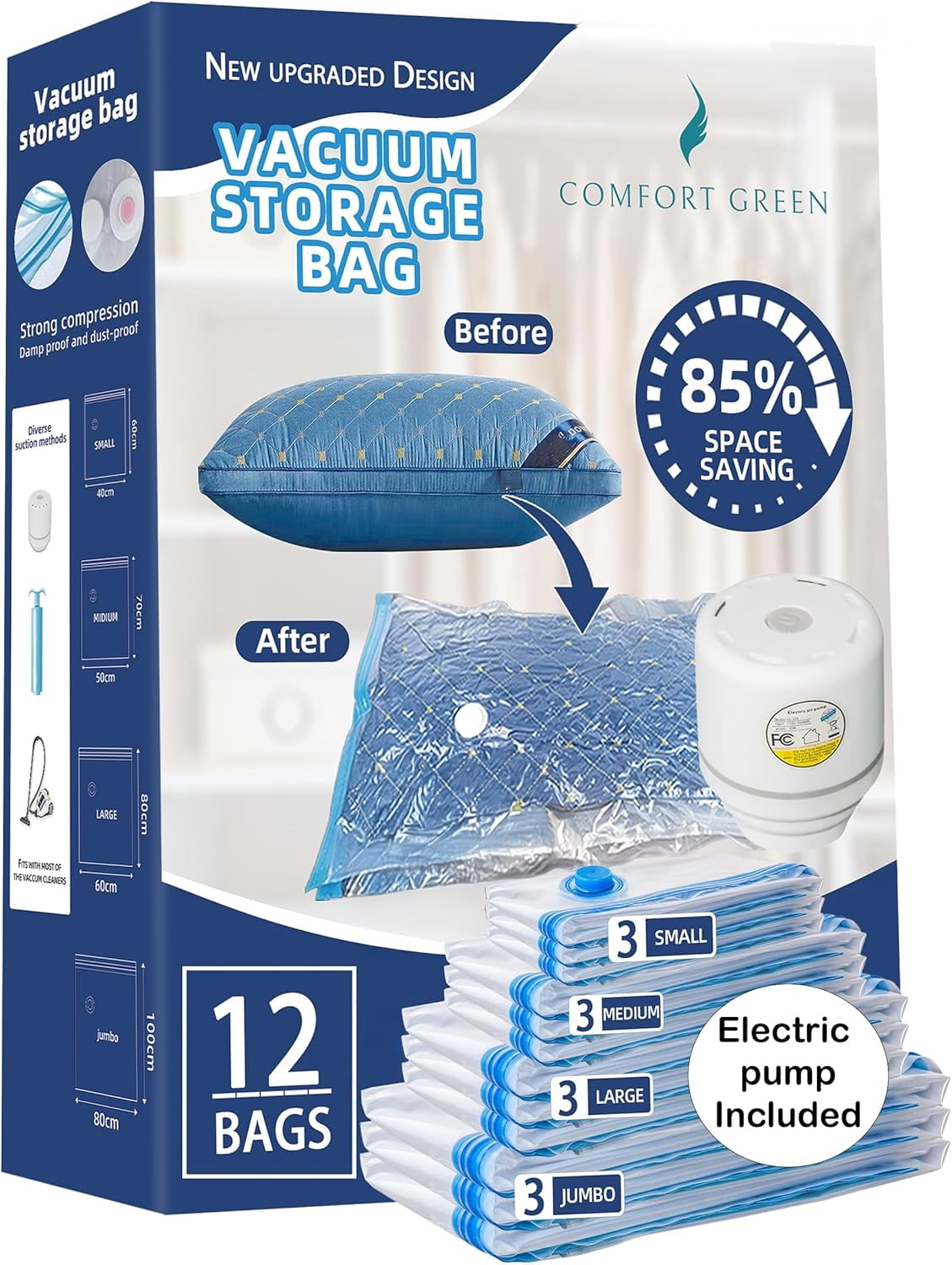 12 Pack Vacuum Storage Bags with Electric Pump – 3 Jumbo, 3 Large, 3 Medium, 3 Small Space Saver Bags for Clothes, Blankets, Bedding, Travel, Moving & Home Organization