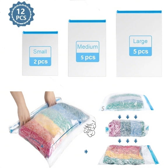 Glovv 12 Pack Compression Bags for Travel, No Need for Electric Pump, Hand Roll Vacuum Seal Bags, Space Saver Bags (5 Large/5 Medium/2 Small), Vacuum Storage Bags for Clothes, Comforters, Blankets
