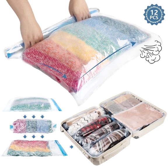 Glovv 12 Pack Compression Bags for Travel, No Need for Electric Pump, Hand Roll Vacuum Seal Bags, Space Saver Bags (5 Large/5 Medium/2 Small), Vacuum Storage Bags for Clothes, Comforters, Blankets