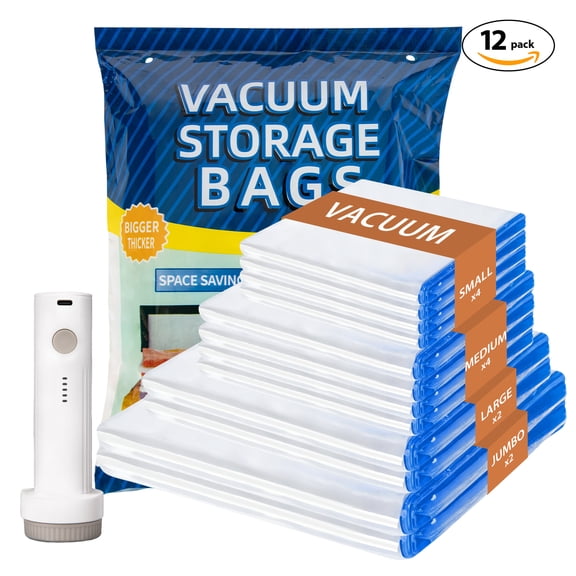 Glovv 12 Pack Vacuum Storage Bags with Electric Pump, 80% Space Saver Vacuum Bags (2 Jumbo/2 Large/4 Medium/4 Small), Vacuum Seal Bags for Clothes, Comforters, Blankets, Bedding