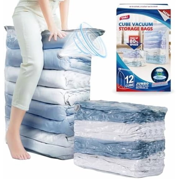 12 Pack Vacuum Storage Bags, Jumbo Cube Space Saver (31x40x15 Inch), XL Large Vacuum Seale Bags for Comforters Blankets Bedding, Clothing, Clear