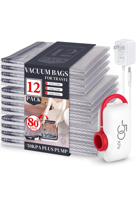 12 Pack Vacuum Storage Bags for Travel, Carry-on Size for Luggage Compression Packing, Space Saver with High Pressure Electric Pump(D/C Power)