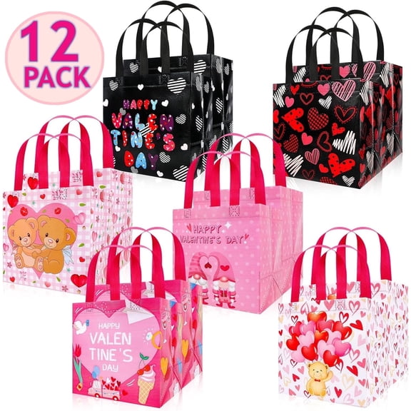 12 Pack Valentines Day Gift Bags with Handle, Happy Valentines Day Party Favor Supplies Gifts Wrapping, Valentines Candy Goody Bags, Reusable Non-Woven Treat Bags