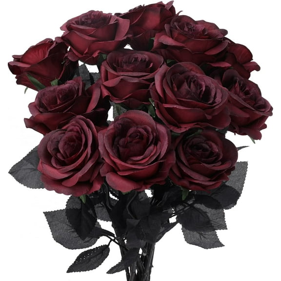 12 Pack Valentine's Day Wine Red Artificial Roses Bouquet, Vintage Silk Fake Burgundy Roses Lifelike Gothic Rose Flower Long Stem for Wedding Anniversary Birthday Party Table Centerpieces Decor