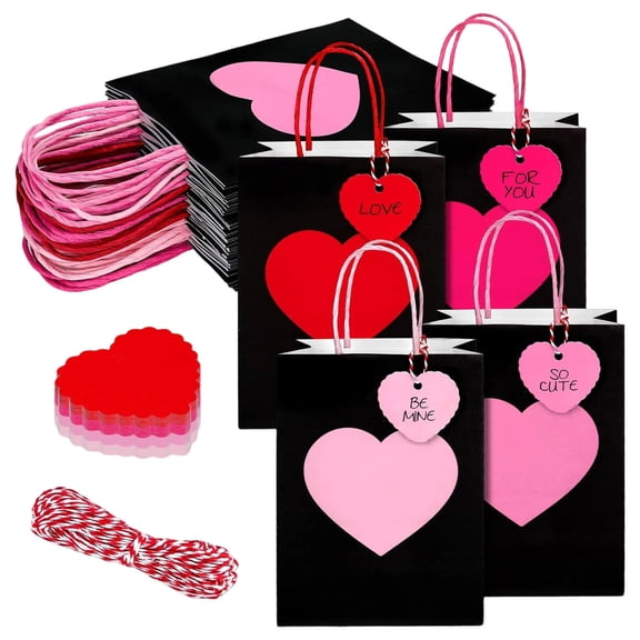 12-Pack Valentine’s Heart Kraft Gift Bags, Paper Party Favor Totes, Durable Gift Bags for Candies, Chocolates, Small Presents at Parties, Celebrations
