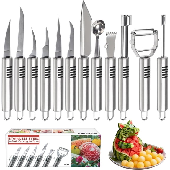 12 Pack Vegetable and Fruit Carving Tools, Chef Garnish Tools, Melon Baller Scoop Set,  Zester, Vegetable Peeler,  Corer, Stainless Steel Carving  Set for Fruits